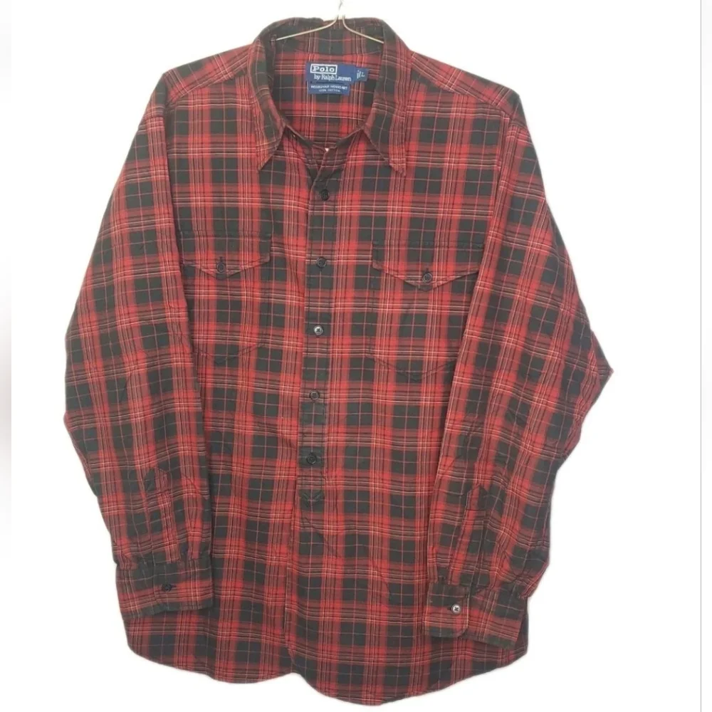 Polo Ralph Lauren Woodsman Workshirt Large Red Plaid Woven Cotton Button Vtg 90s